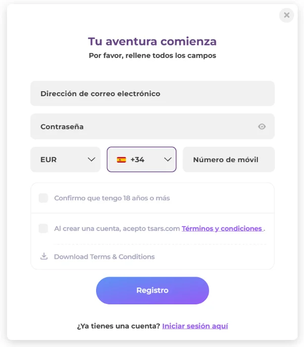 Tsars Casino formulario de registro con correo, contraseña y número de móvil